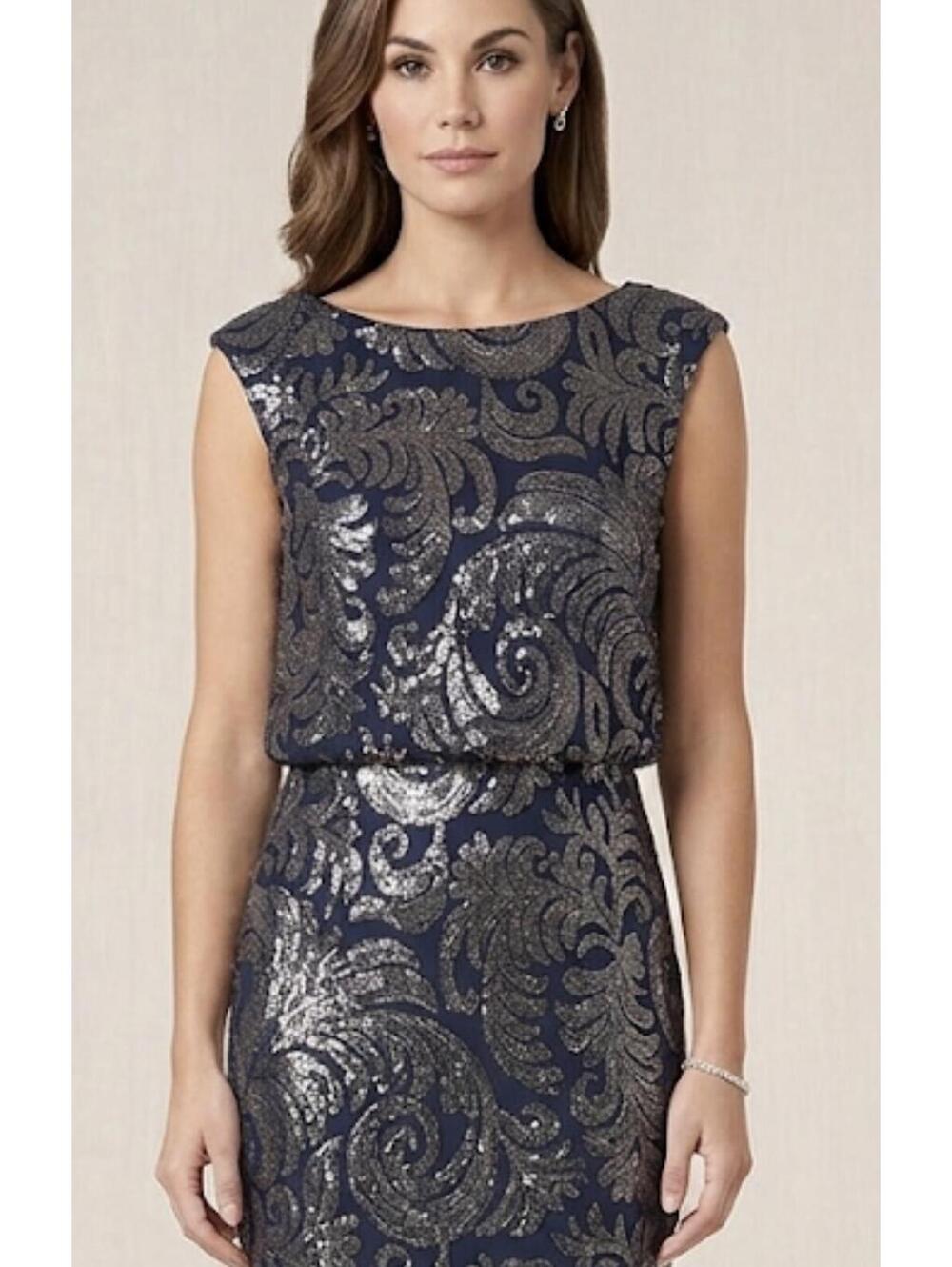 Adrianna Papell Navy and Silver Sequin Party Dress w/ Open Back NWT SZ 10